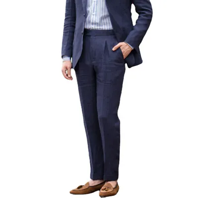 Mens Cotton Linen Trousers Pants Straight Classic Formal Office Casual Fashion • $44.96