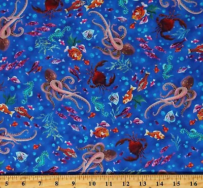 Cotton Ocean Sea Animals Fish Octopus Crabs Blue Fabric Print By Yard D368.63 • $14.95