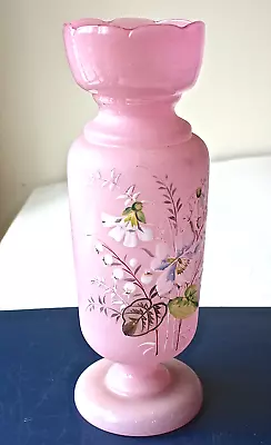 Antique Victorian Pink Bristol Blown Glass Vase Hand Painted Flowers 9 1/4  • $34