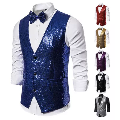 Men's Waistcoat Stage Performance Costume V Neck Casual Sequin Vest Prom Party • $30.99