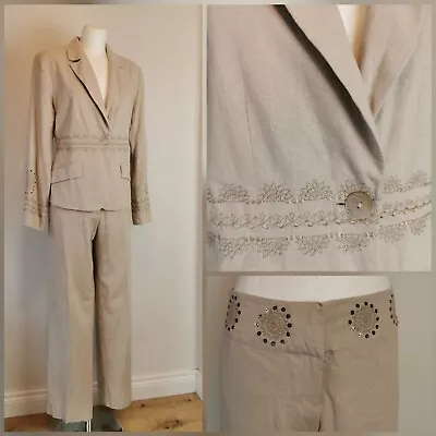 Fransa Ecru Beige Linen Trouser Suit Trousers Jacket Dressy Embroidered  Large  • £22