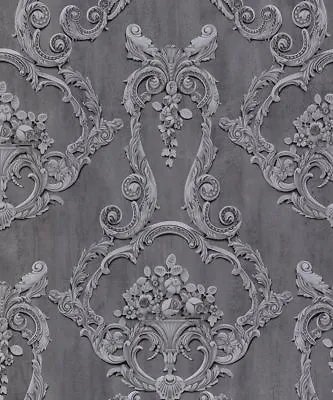 Debona Wallpaper - Traditional Floral Damask Design - Grosvenor Anthracite  6215 • £9.89