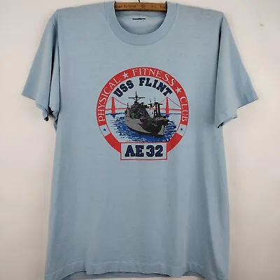 Vintage USS Flint Shirt Medium Blue Single Stitch Physical Fitness Club 80s 90s • $8.72