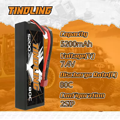 Tindling 80C 5200mAh 2S Lipo Battery 7.4V Hardcase T Plug For RC Car Buggy 1:10 • $16.99