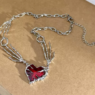 Gothic Irregular Red Heart Necklace Y2K Dark Love Ghost Claw Chain Necklaces • $23.02