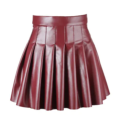 $13.08 • Buy Women Shiny Flared Pleated Mini Skater Skirt High Waist PU Leather A-Line Skirt