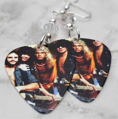 Van Halen Group Picture Guitar Pick Earrings With Clear Swarovski Crystals • $6