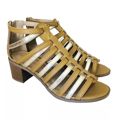 Mark & Maddux Size 8 Strappy Caged Sandals Tan Gold Medium Block Heel Zip Boho • $9.95