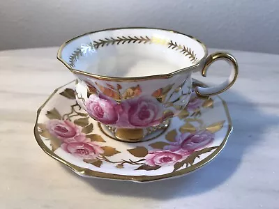 Collingwoods England Bone China Teacup Saucer Pink Roses Gold Gilt Scalloped • £61.76