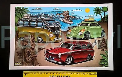 VW Tiki Art Beach Volkswagen Beetle Surf Wagon Squareback Poster Print  • $10.50
