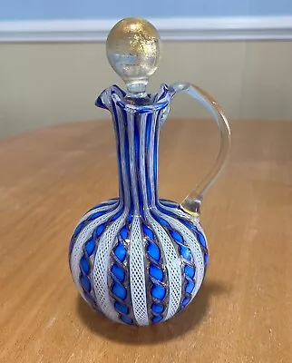 Murano Venetian Latticino Zanfirico Ribbon Glass Carafe 6” High. • $120