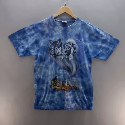 Vintage T Shirt Medium Blue Graphic Native American Chief Wolf Acid Wash Mens • £10.28