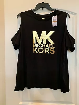 Beautiful NWT Michael Kors Plus Black With Gold Monogram Cold Shoulder Top 3X • $23.99