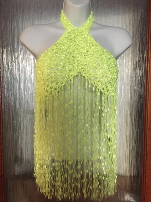 £10 • Buy 💚Handmade Lime Green Neon Crochet Halter Neck Fringe Crop Top Size 6/8 Bralet