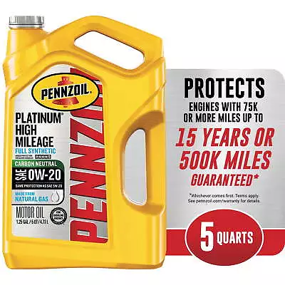 Pennzoil Motor Oil Platinum High Mileage Full Synthetic 0W-20 Motor Oil 5 Quart • $26.99