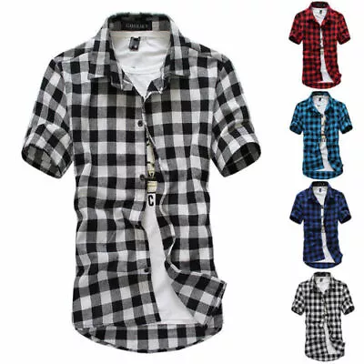 Mens Plaid Check Short Sleeve Shirts T-Shirt Casual Button Down Tops Casual Work • £4.79