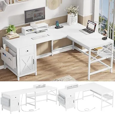 L Shaped Computer Desk Convertible 86.6  Home Office Desk W/Power Strip (White) • $199.97