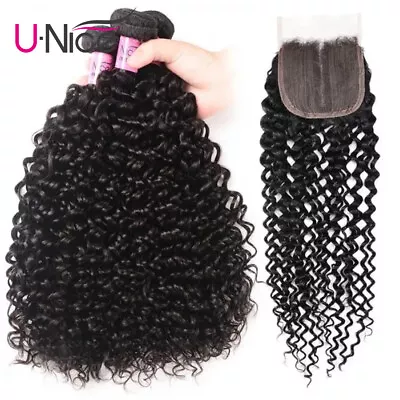 Malaysian Curly 3 Bundles Human Hair Extensions With T Part Lace Closure Weaves • $174.70