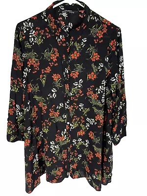 ZARA WOMAN Tunic Shirt Size Medium Button Up Black Floral Lightweight Shirt Top • $11.39