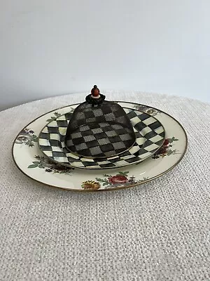 MacKenzie Childs 3 Pc Set Enamel Courtly Check Flower Market Platter Plaid Dome • $169