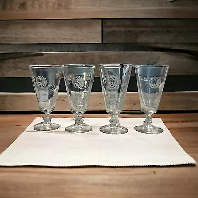 Vintage Clear Etched Crystal Set 4 Footed 12 Oz. Iced Tea Glasses Floral Design • $22.29