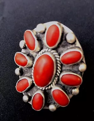 Handmade Vintage Large Navajo Native American Silver Red Coral Cluster Ring   • $59