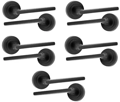 Matt Black Door Handles Straight Lever On Round Rose (5 Set Pack) • £37.50