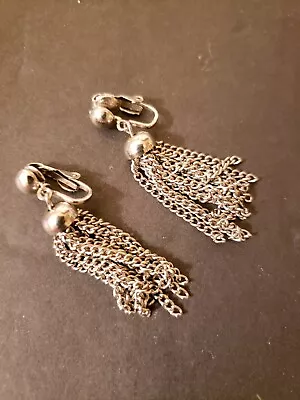 Vintage Silver Tone Dangle Chain Clip On Earrings • $8.99