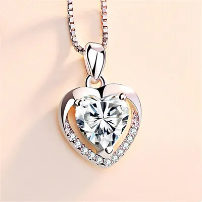 £3.97 • Buy 925 Sterling Silver Heart Crystal Pendant Chain Necklace Womens Jewellery New UK