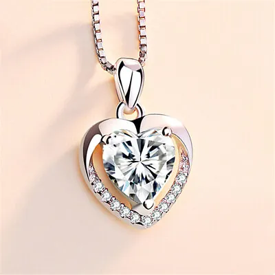 925 Sterling Silver Heart Crystal Pendant Chain Necklace Womens Jewellery New UK • £3.97