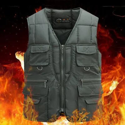 Autumn Men Padded Warm Vest Multi Pockets Waistcoat Winter Fishing Gilet Jacket • £12.66