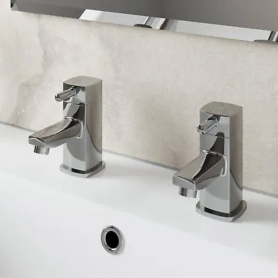 Modern Bathroom Hot & Cold Basin Taps Twin Square Chrome Lever Handles Cloakroom • £34.17