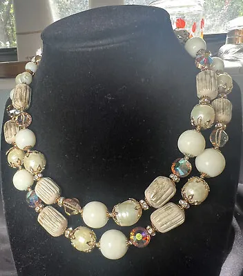 VTG Signed VENDOME  Aurora Borealis Crystal Rhinestone Glass Necklace Gold Bead • $49