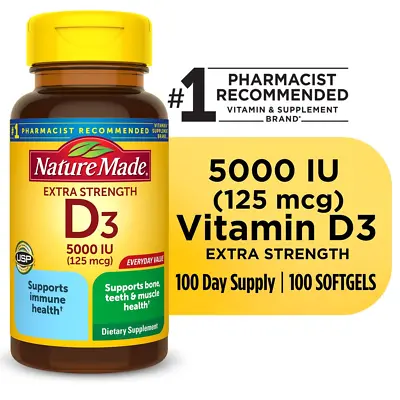 Extra Strength Vitamin D3 5000 IU (125 Mcg) Softgels Dietary Supplement For Bon • $13.03