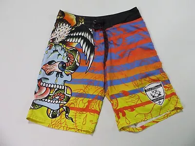 Vintage Ed Hardy Board Shorts Mens 34 Skull Striped Drawstring Yellow • $29.80