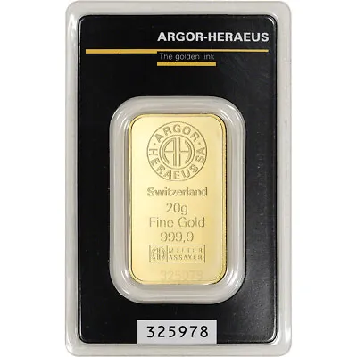 20 Gram Gold Bar - Argor Heraeus - 999.9 Fine In Assay • $1594.15