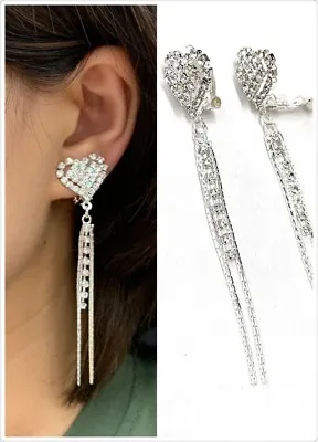 Silver Heart Diamante Long Dangle Tassel Clip On Earrings Crystal Non Pierced UK • £3.99