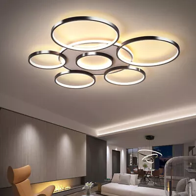 Modern 7 Rings Ceiling Light Dimmable LED Chandelier Lamp Fixture Remote Control • $108.30