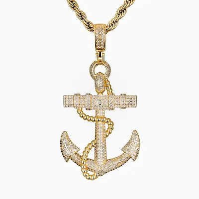 Mens Real Solid 925 Sterling Silver/14K Gold Anchor Pendant Necklace Iced Italy • $79.04