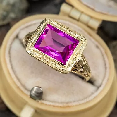 925 Sterling Silver ENGRAVED PINK SAPPHIRE RING WEDDING GIFT LAB CREATED • $84