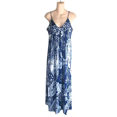 Eci Women's Maxi Cami Sun Dress Size M Blue Floral Paisley A Line Stretch • $15.89