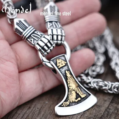 MENDEL Mens 30 Inch Stainless Steel Viking Axe Wolf Raven Pendant Necklace Chain • $48.99