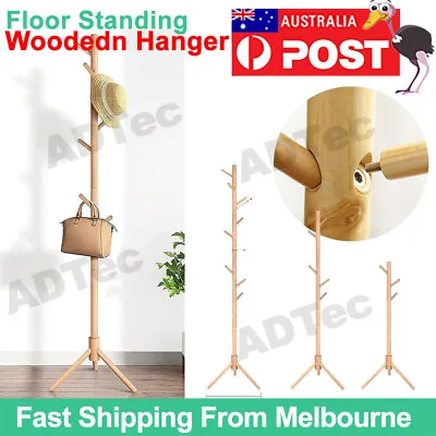 8Hook Wooden Coat Stand Rack Clothes Hanger Hat Tree Vintage Jacket Bag Umbrella • $24.95