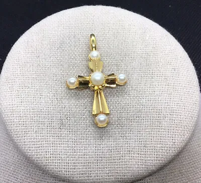 Vintage Gold Tone Costume Simulated Pearl Cross Pendant A926 • $5.99