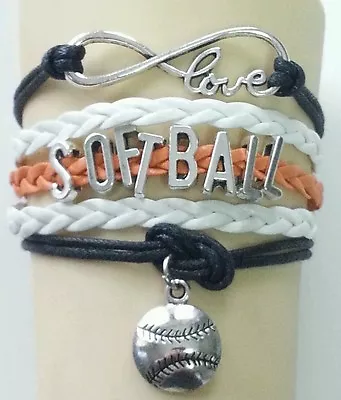 Softball Orange/black/white Leather Charm Bracelet Silver Adjustable-sports-#89 • $5.99