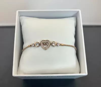 MICHAEL KORS Rose Gold Tone Heart MK Logo Bracelet W/Crystals Slider FS Charity • $35