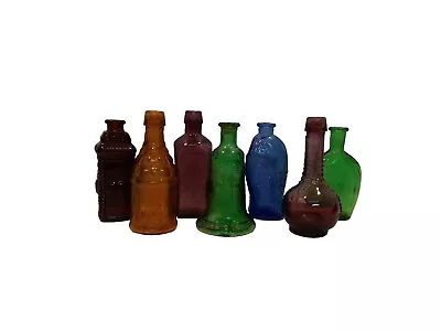 Vintage 7 Miniature 3  Glass Bottles Blue Amber Green  Amethyst   Taiwan Made • $13.49