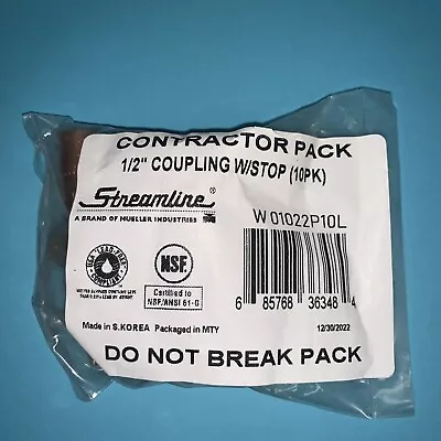 Streamline W01022P10L 1/2  Copper Coupling W/Stop 10 Pack • $12.50