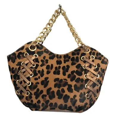 Michael Kors Handbag Leather Calf Hair Leopard Gold Chain Handles Medium • $99.99