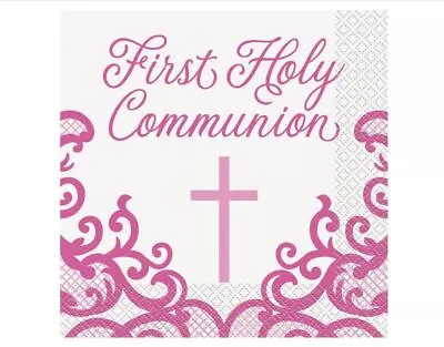 Fancy Pink Cross 16 Ct Lunch Napkins 1st Holy Communion • £3.85